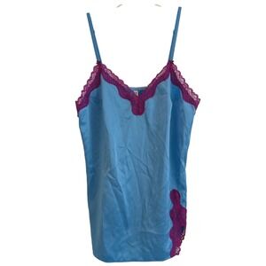 Victorias Secret Tease Satin Chemise Slip Gown Blue Magenta Lace Trim Large EUC